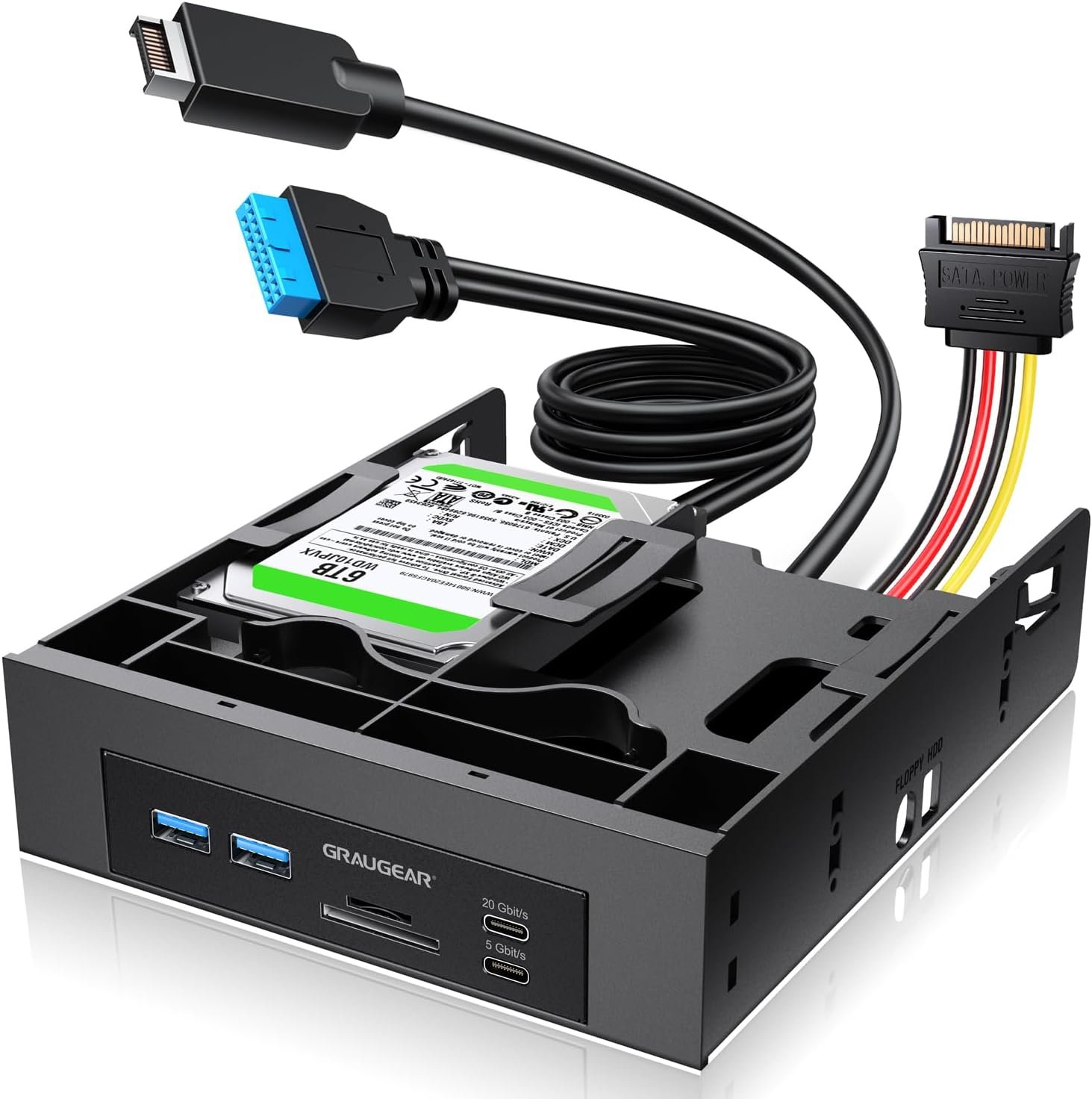GRAUGEAR 5.25" Front Panel USB Hub, Internal SD/MicroSD Card Reader for Desktop PC, USB-C Gen2x2 20Gbps Port, Dual 2.5" SSD/HDD Slot, USB 3.2 Type-E Key-A and USB 3.0 19-Pin Header - Image 2
