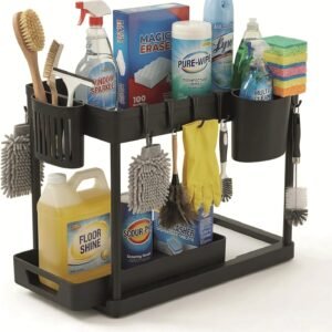 Generico Avilia Organizzatore per Lavello da Cucina a 2 Ripiani con Cestelli e Ganci - Porta Detersivi e Accessori Salvaspazio per Bagno e Cucina - Struttura Stabile, Facile da Montare