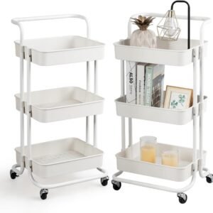 HOMASIS Carrello Portaoggetti a 3 Ripiani con Ruote Universali, Carrello Salvaspazio con Maniglia, Organizer con Maniglia per Cucina, Bagno, Capacità di Ogni Ripiano 20 kg, 42 x 35 x 87 cm (Bianco)