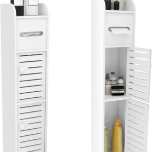 HUOLE Mobiletto da Bagno Salvaspazio in Plastica 4 Altezze Portarotolo Carta Igienica da Terra | Organizer per bagno, cucina, dispensa, lavanderia, 17 x 15 x 78 cm - Bianco