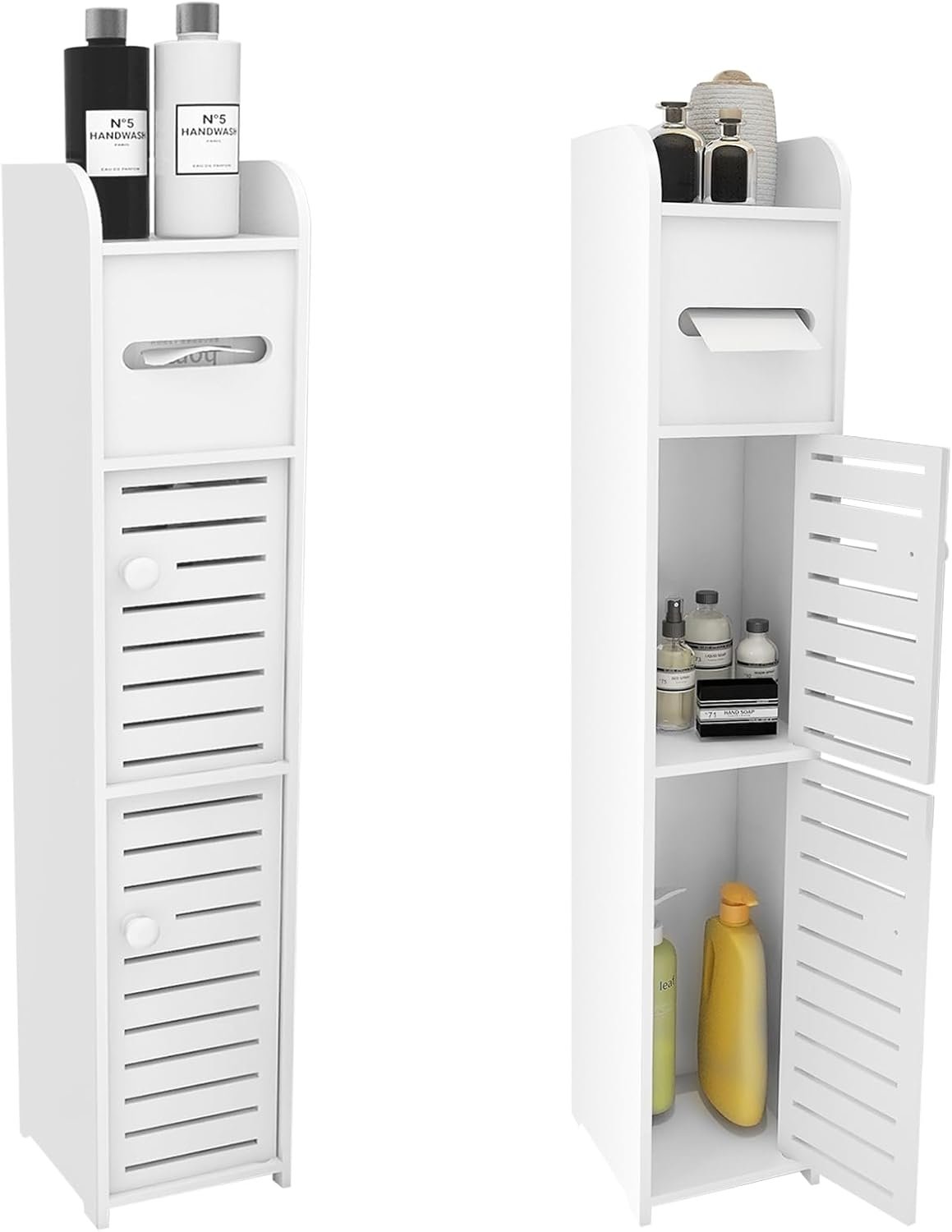 HUOLE Mobiletto da Bagno Salvaspazio in Plastica 4 Altezze Portarotolo Carta Igienica da Terra | Organizer per bagno, cucina, dispensa, lavanderia, 17 x 15 x 78 cm - Bianco