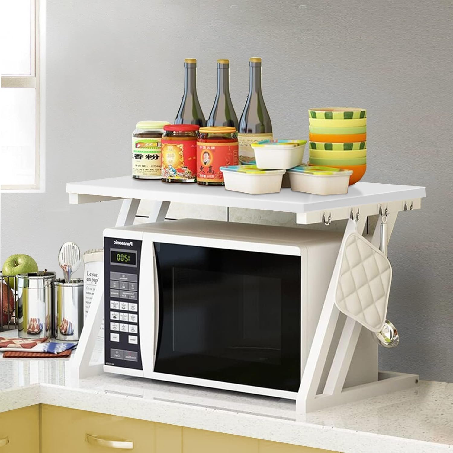 HUOLE Ripiano per Forno a Microonde a 2 Ripiani, Ripiano Organizzatore per Microonde, Ripiano Estensibile per Microonde Ripiano Salvaspazio Resistente per Ripiano da Cucina -57 * 38 * 38 cm Z-Bianco