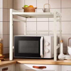 HUOLE Ripiano per microonde estensibile a 2 livelli/Mensola per microonde/Mensola da cucina/Armadietto per microonde/Supporto per forno a microonde Organizzatore da cucina salvaspazio - 40/64 * 45 * 36,5 cm - Bianco