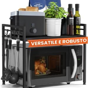 Heldenwunder Steel Space Saving Kitchen Mobile Shelf (2 Shelves) | Oven Organiser Cabinet Shelves | Adjustable Microwave Holder + Video Guide, Hooks - Black