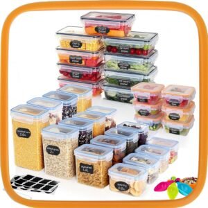 Hibisaws Set 31 Contenitori ermetici per alimenti Contenitori in plastica con coperchio Organizzatore per frigorifero da cucina Scatole portaoggetti Zucchero Cereali Caffè Cereali Senza BPA Salvaspazio Impilabile