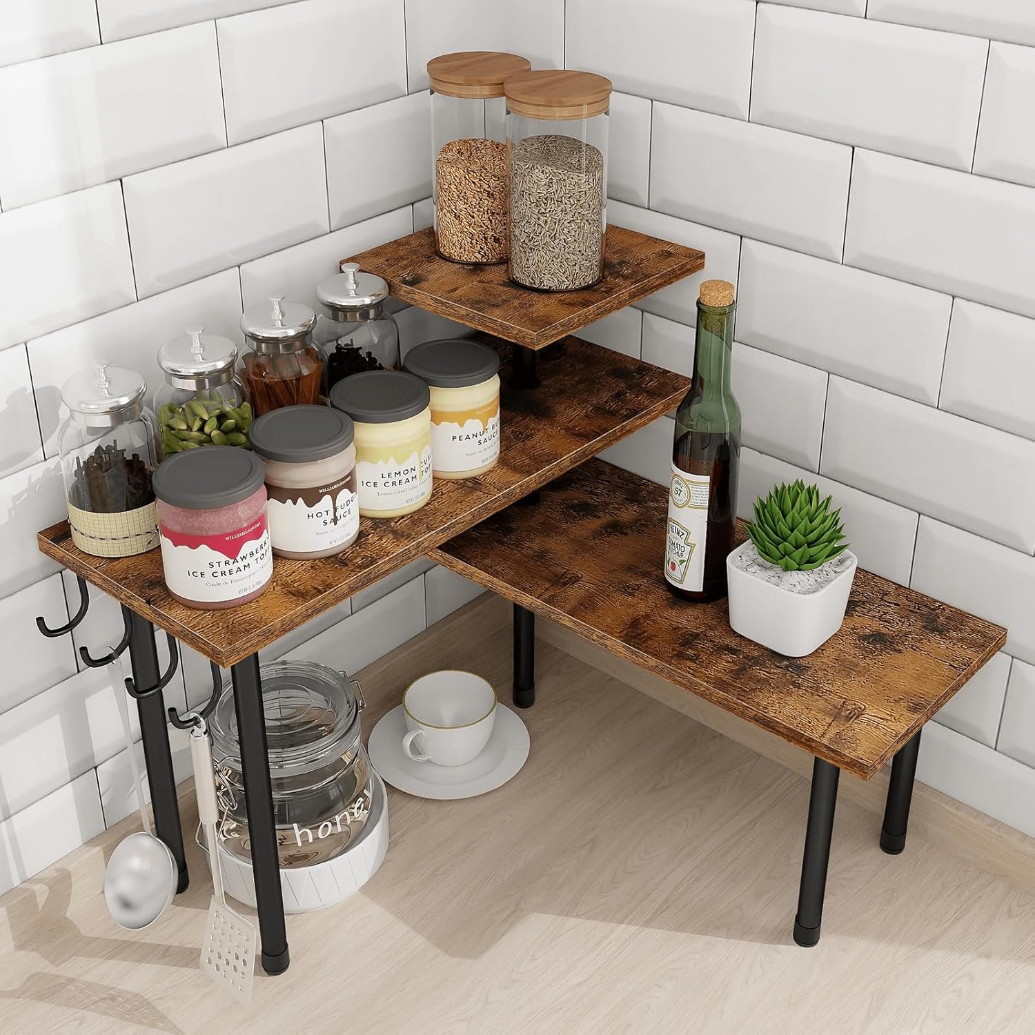 Homode Mensola angolare da bancone da cucina, organizer da bancone da bagno, 3 ripiani, organizer salvaspazio da bancone da cucina, portaspezie, bar, sopra il lavandino, Marrone