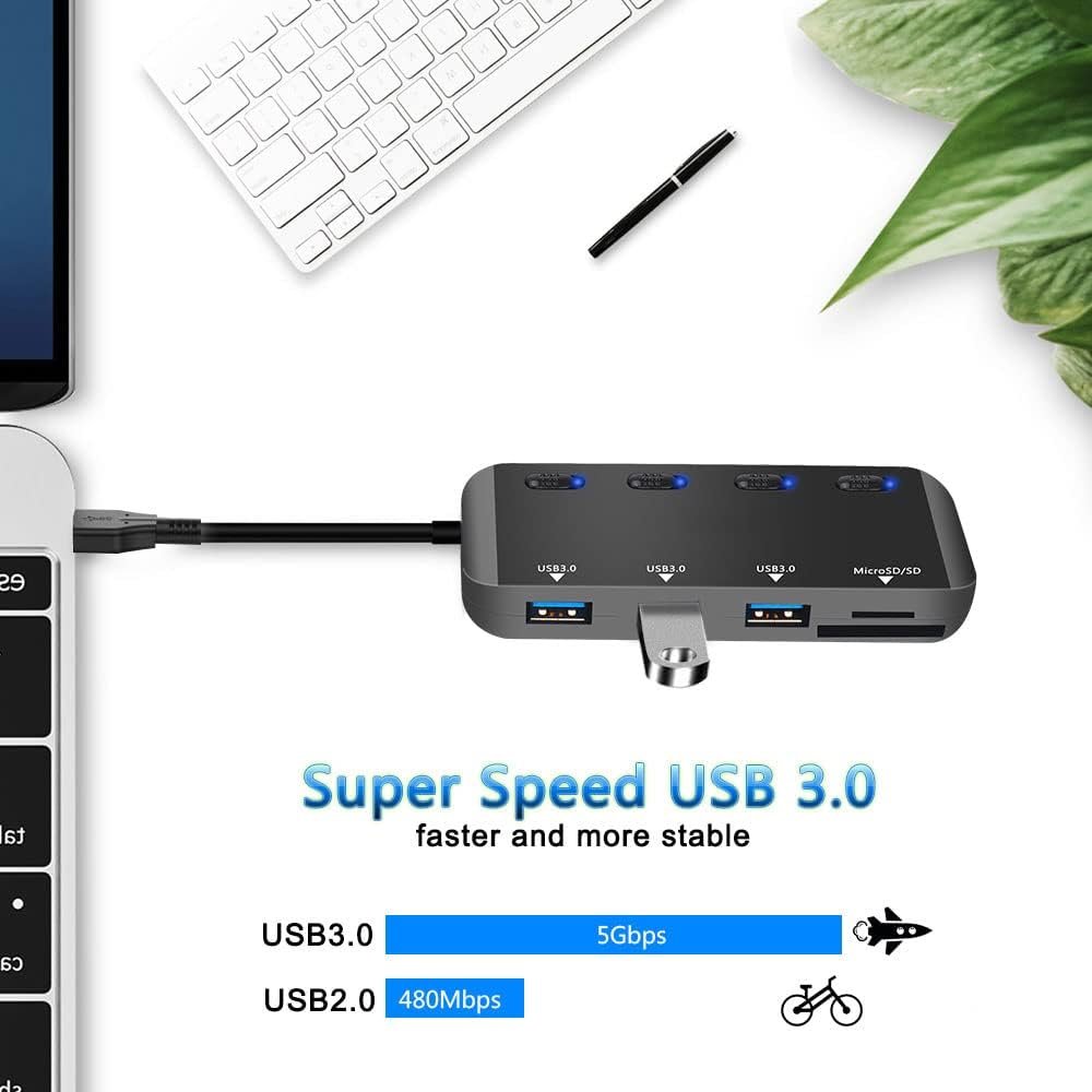 Hub USB 3.0 multi porta USB con lettore di schede SD/Micro SD, splitter USB a 3 porte per laptop, PC, Surface Pro, Mac, con adattatore USB-C - Image 2