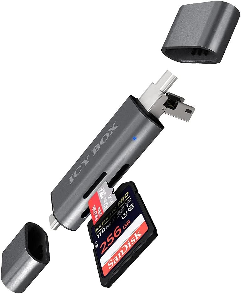 ICY BOX - USB OTG Card Reader for Android Smartphones and Tablets, SD and Micro SD, 3 USB Ports (USB-C, USB-A, Micro USB), External, Grey - Image 2