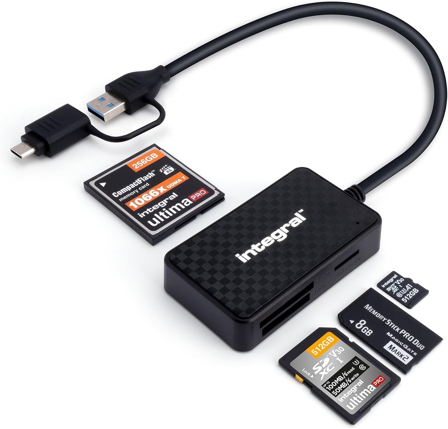 Integral 4 in 1 Memory Card Reader, USB 3.0 and USB C to MicroSD, SD, Compact Flash, MS Duo/Pro - for iPhone 15/16 Plus/Pro/Pro Max, MacBook Pro/Air, iPad, PC, Laptop, Tablet - Image 2