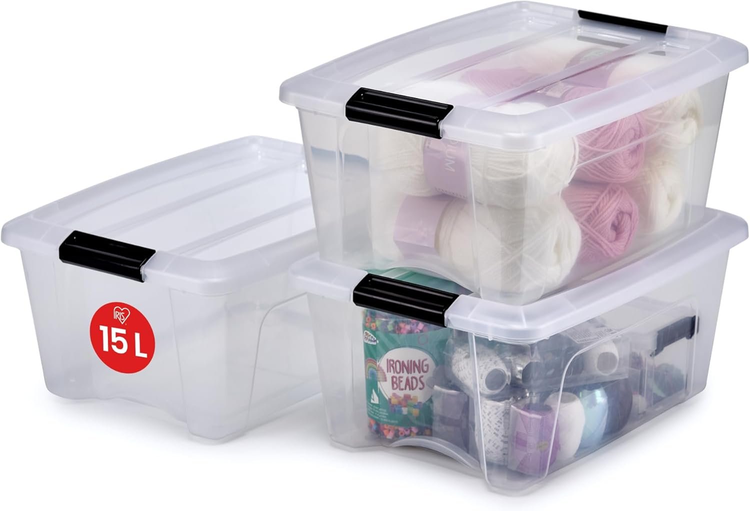 Iris Ohyama NTB-15 Scatole portaoggetti con coperchio, 15 l, confezione da 3, trasparenti, clip di chiusura, modellabili, maniglia, per camera, guardaroba, ufficio, organizer, senza BPA, NTB-15