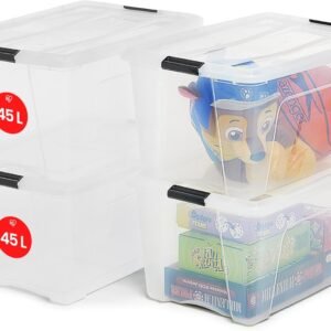 Iris Ohyama Scatole portaoggetti con coperchio, 45L, confezione da 4, trasparenti, clip di chiusura, empilabili, maniglia, per camera, guardaroba, ufficio, organizer, senza BPA, NTB-45