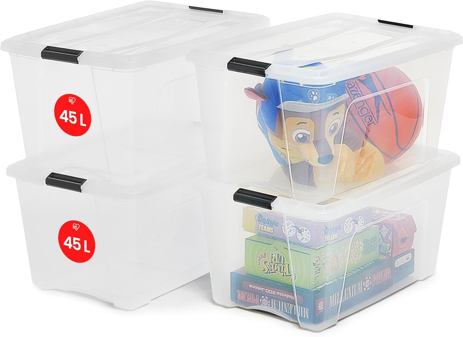 Iris Ohyama Scatole portaoggetti con coperchio, 45L, confezione da 4, trasparenti, clip di chiusura, empilabili, maniglia, per camera, guardaroba, ufficio, organizer, senza BPA, NTB-45