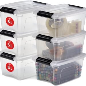 Iris Ohyama Scatole portaoggetti con coperchio, 5L, confezione da 6, trasparenti, clip di chiusura, modellabili, maniglia, per camera, guardaroba, ufficio, organizer, senza BPA, NTB-5