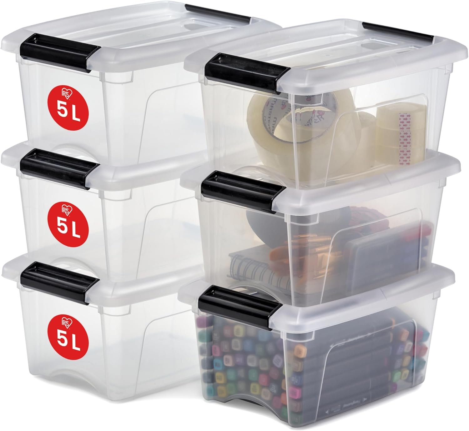 Iris Ohyama Scatole portaoggetti con coperchio, 5L, confezione da 6, trasparenti, clip di chiusura, modellabili, maniglia, per camera, guardaroba, ufficio, organizer, senza BPA, NTB-5