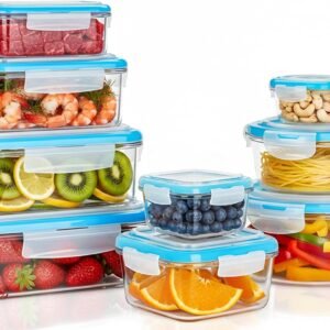 KICHLY Set di contenitori per alimenti in vetro - 18 pezzi (9 contenitori e 9 coperchi) - Ermetico, a prova di perdite - Senza BPA