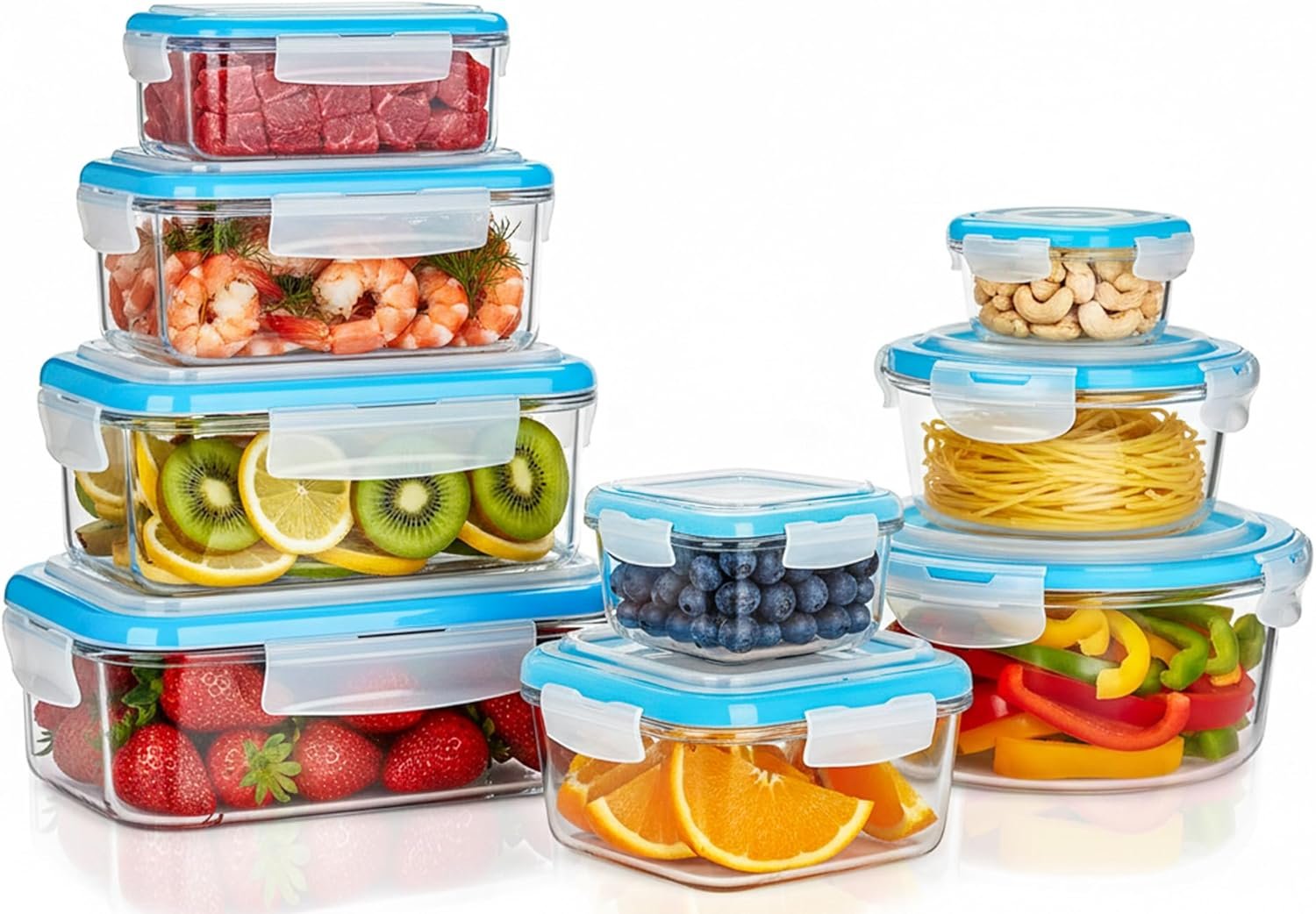 KICHLY Set di contenitori per alimenti in vetro - 18 pezzi (9 contenitori e 9 coperchi) - Ermetico, a prova di perdite - Senza BPA