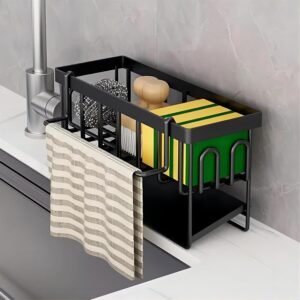 Kitchen Sink Organizer with Towel Holder, Self-Draining Tray and Liquid Dispenser for Dishwasher, Space Saving Under Sink for Kitchen, Bathroom