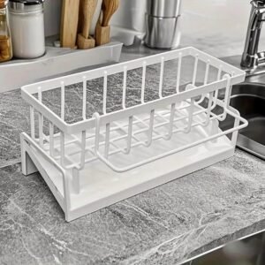 Kitchen Sink Storage Rack, Built-in Sponge Holder and Countertop Organizer for Tea Towels, Soap and Brushes, Space Saving Kitchen Shelf, White