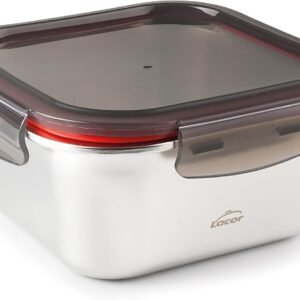 Lacor - 64614 Ecoinox Contenitore Quadrato, Acciaio Inossidabile 18/10, 1500 ml, Adatto a Microonde, Forno, Congelatore e Lavastoviglie, Ermetico, 4 Chiusure a Clip, Senza BPA