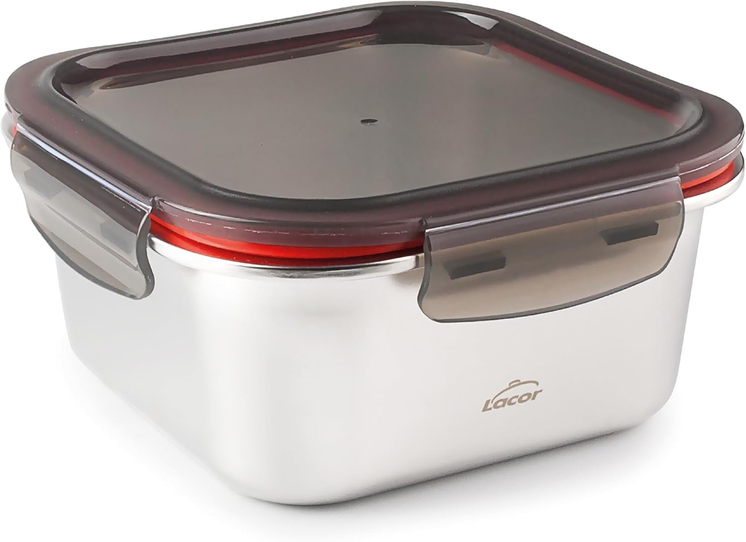 Lacor - 64614 Ecoinox Contenitore Quadrato, Acciaio Inossidabile 18/10, 1500 ml, Adatto a Microonde, Forno, Congelatore e Lavastoviglie, Ermetico, 4 Chiusure a Clip, Senza BPA