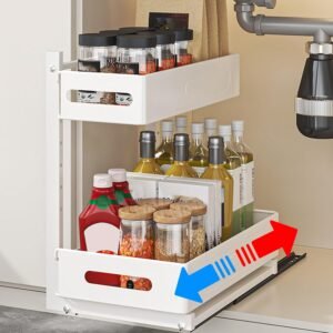 Lavello da Cucina Salvaspazio con 2 Ripiani in Metallo, Carrello Sottolavello per Bagno, Contenitore Multiuso Silenzioso con Rulli in Acciaio (Bianco)