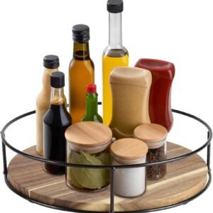 Lazy Susan Piatto Girevole in Legno, Vassoio da Cucina Girevole in Acacia 25 cm con Bordo in Metallo, Organizer Girevole per Tavolo, Spezie, Dispensa, Accessori Cucina Salvaspazio