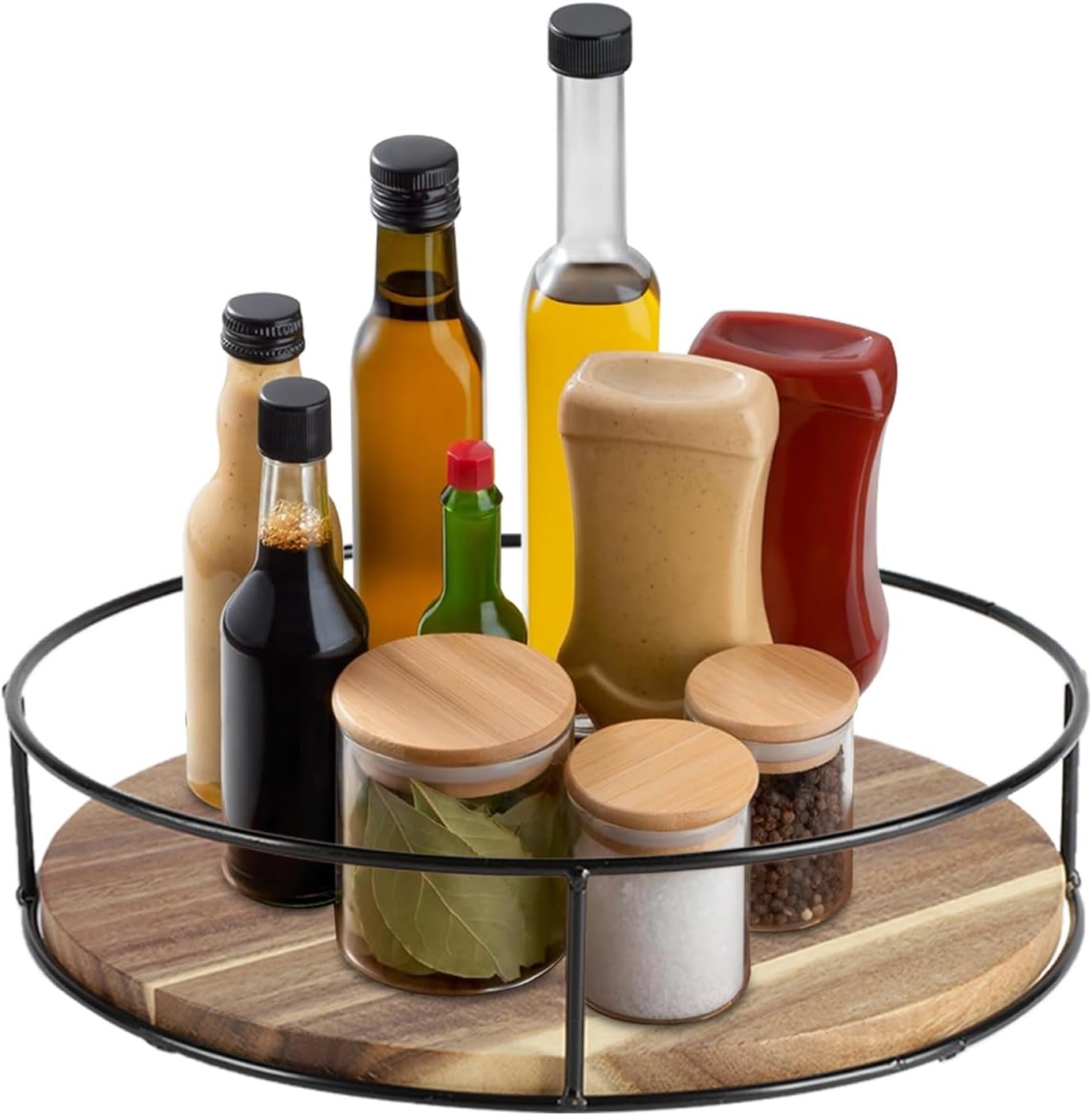 Lazy Susan Piatto Girevole in Legno, Vassoio da Cucina Girevole in Acacia 25 cm con Bordo in Metallo, Organizer Girevole per Tavolo, Spezie, Dispensa, Accessori Cucina Salvaspazio