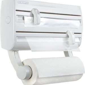 Leifheit Parat F2 ComfortLine Portarotolo per 3 rotoli, Tagliarotolo con ripiano per spezie, Portarotolo da cucina, Carta, Pellicola, Alluminio, Bianco