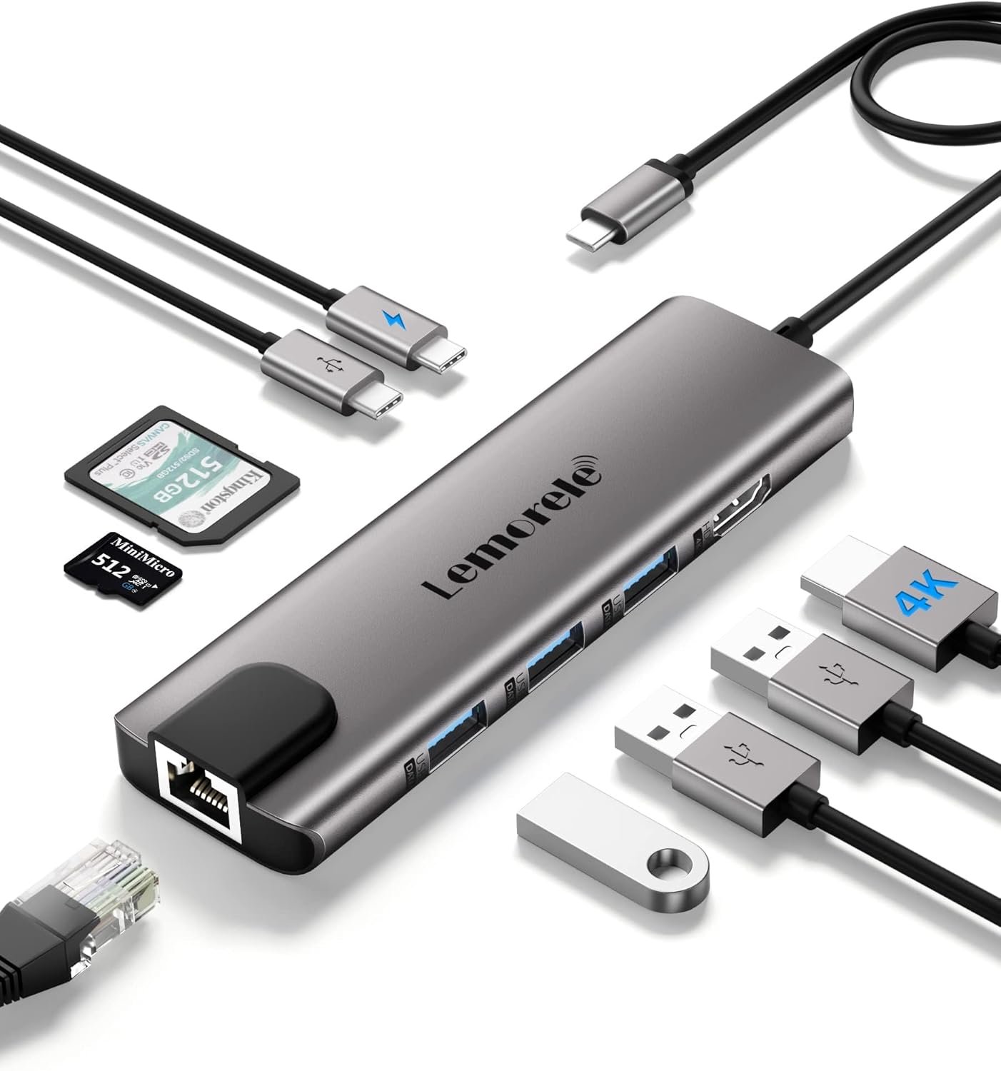 Lemorele USB C Hub with Ethernet RJ45 1000M - 10 en 1 Aluminium Case Adapter USB C Hub to HDMI 4K, 3 USB-A 3.0, PD 100W, SD/TF, USB-C Data for Macbook Air/Pro, iPad, Windows, Switch - Image 2