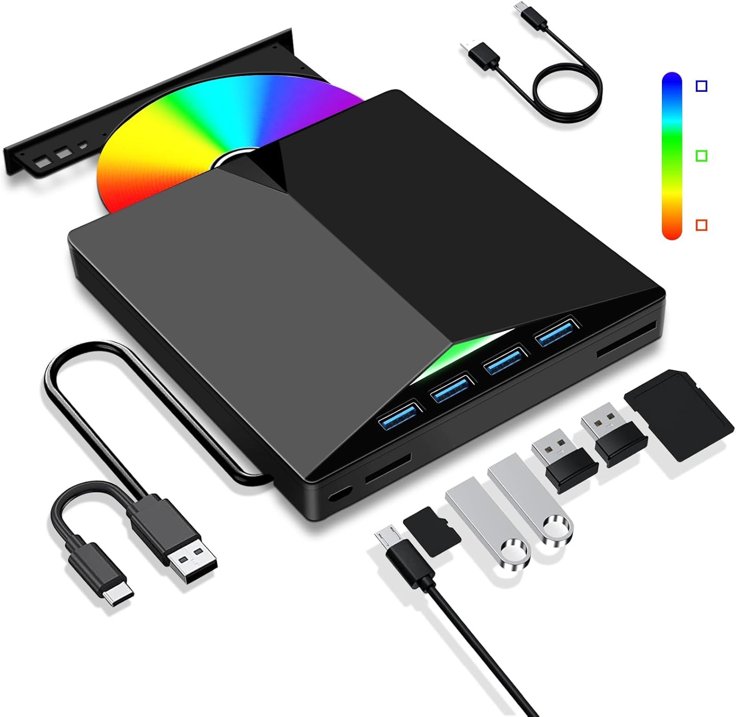 Lettore CD/DVD Esterno per PC, Masterizzatore Portatile Unità Esterna USB 3.0 CD/DVD -/+RW Drive con 4 Porte USB e 2 Lettore di Schede TF/SD per Laptop/Desktop/Windows 11/10/8/7/XP/Vista/Linux - Image 2