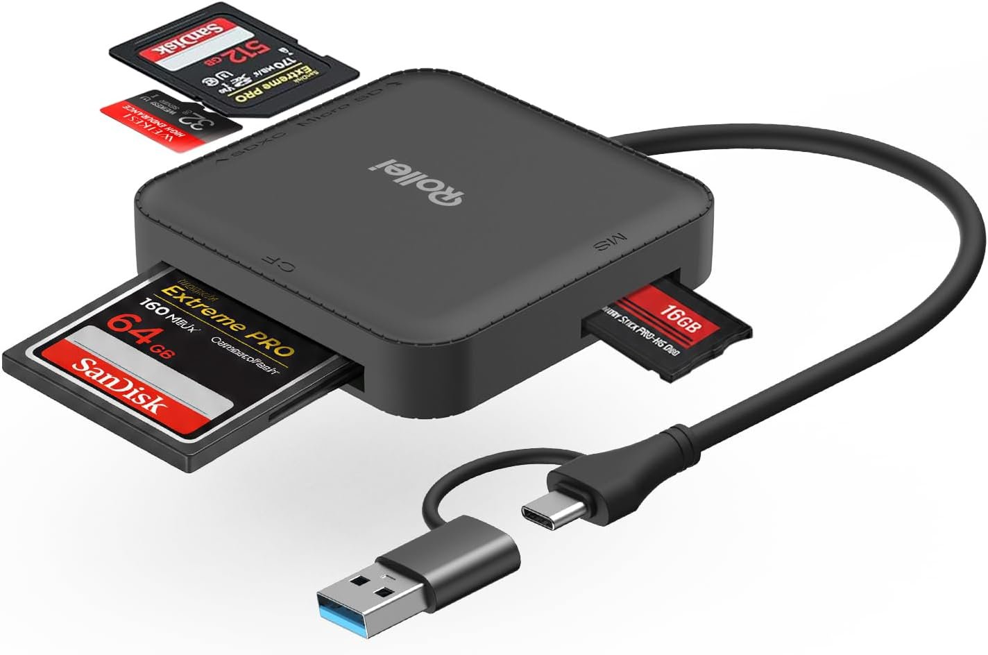Lettore di Schede 4 in 1 Rollei Card Reader per SD microSD CF MS con USB 3.0 & USB C Supporta Lettura Simultanea di 2 Schede OTG per Serie iPhone 17/16/15 Android Mac, Lettore-Schede-SD-Card-Reader - Image 2