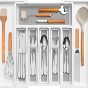Lifewit Cassetto Portaposate con TPR Antiscivolo Utensili da Cucina Portaoggetti Organizzatore per Coltelli/Mestoli/Forchette Scrivania in plastica/Armadietto da Bagno, Bianco e Grigio