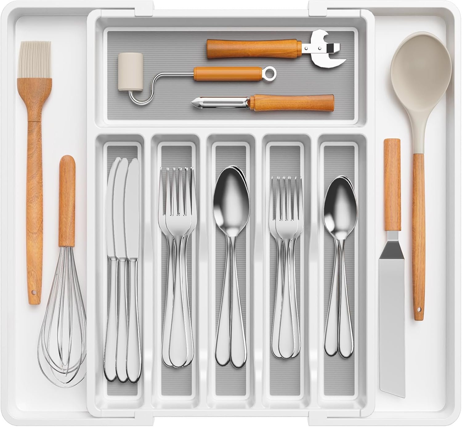 Lifewit Cassetto Portaposate con TPR Antiscivolo Utensili da Cucina Portaoggetti Organizzatore per Coltelli/Mestoli/Forchette Scrivania in plastica/Armadietto da Bagno, Bianco e Grigio