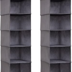 Lifewit Hanging Closet Organizer with 5 Shelves and 2 Sturdy Hooks, Indoor Wardrobe Shelves, Foldable Organizer, Clothes Storage, 40 Inch (H), Grey, Set of 2