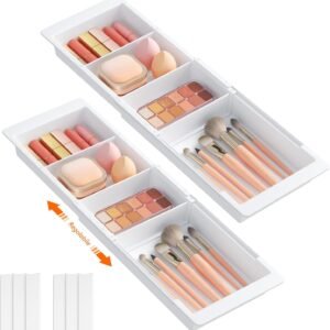 Lifewit Organizer per Cassetti per Trucchi, Divisori per Cassetti Estensibili (32,5-52,5 cm/13-20 Pollici), Altezza 4,8 cm, Scatola Portaoggetti Salvaspazio per Cucina, Bagno e Scrivania, 2 Unità, Bianco