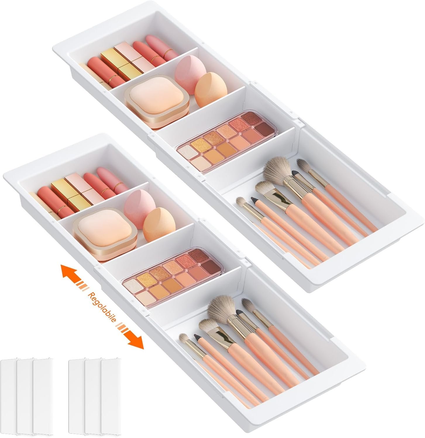 Lifewit Organizer per Cassetti per Trucchi, Divisori per Cassetti Estensibili (32,5-52,5 cm/13-20 Pollici), Altezza 4,8 cm, Scatola Portaoggetti Salvaspazio per Cucina, Bagno e Scrivania, 2 Unità, Bianco