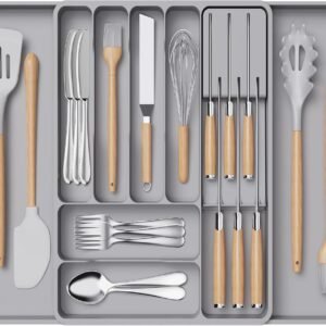 Lifewit Portaposate Espandibile Portaposate da Cucina Portaposate Regolabile con Portacoltelli Rimovibile, Organizer per Posate Salvaspazio, Profondità 40 cm, 1 Confezione, Grigio