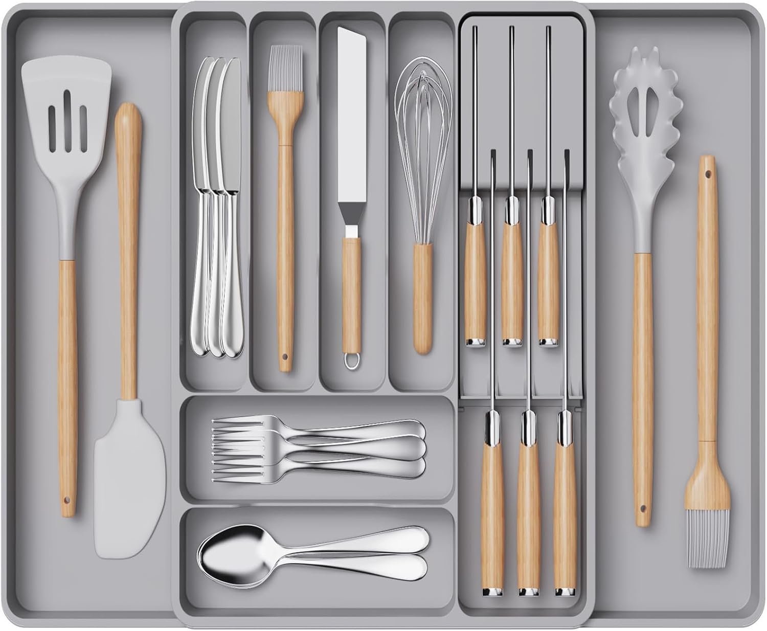 Lifewit Portaposate Espandibile Portaposate da Cucina Portaposate Regolabile con Portacoltelli Rimovibile, Organizer per Posate Salvaspazio, Profondità 40 cm, 1 Confezione, Grigio