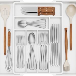 Lifewit Portaposate espandibile per cassetto, Larghezza 33-57 cm, Organizer per utensili da cucina salvaspazio, Accessori da cucina per cucchiai, forchette, Profondità 42,5 cm, Bianco