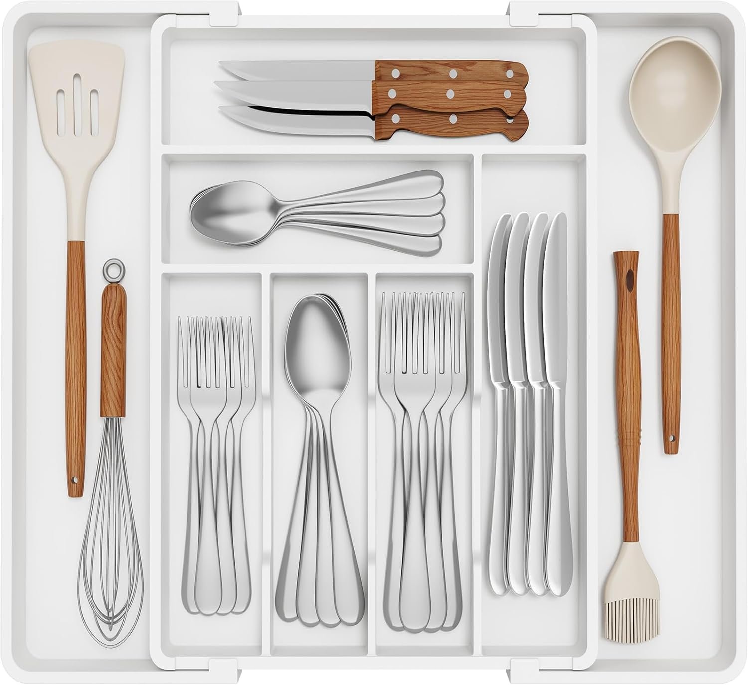 Lifewit Portaposate espandibile per cassetto, Larghezza 33-57 cm, Organizer per utensili da cucina salvaspazio, Accessori da cucina per cucchiai, forchette, Profondità 42,5 cm, Bianco