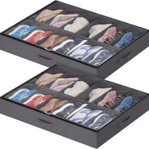 Lifewit Scatole per Scarpe con Finestra Trasparente, Scatole per Scarpe Pieghevoli sotto il Letto, Organizer per Scarpe con Maniglie Salvaspazio, Grigio, 2 x 12 Paia