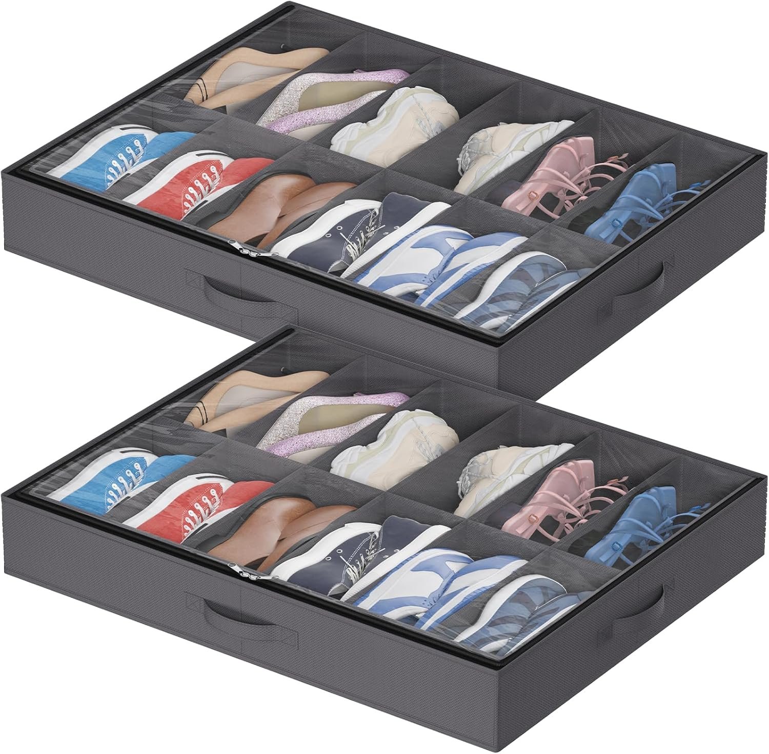 Lifewit Scatole per Scarpe con Finestra Trasparente, Scatole per Scarpe Pieghevoli sotto il Letto, Organizer per Scarpe con Maniglie Salvaspazio, Grigio, 2 x 12 Paia