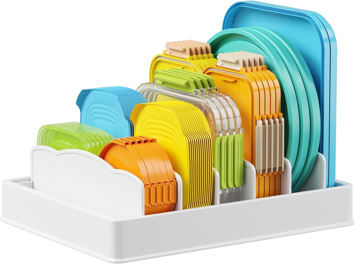 Lifewit Supporto per Coperchio 33 cm, Scolapiatti Salvaspazio con 5 Divisori Regolabili, Contenitori da Cucina per Cassetto, Divisorio Grande per Piatti e Armadi, Bianco