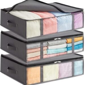 Lifewit Underbed Storage Boxes with Transparent Front Window Closet Organizer for Towels, Clothes, Blankets, Grey, 40L, 3 Pieces