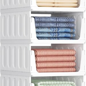 Lifewit Wardrobe Organizers with Pull-Out Drawers, Stackable Clothes Storage, Indoor Wardrobe Shelves, Plastic T-Shirts, Trousers, Space Saving Boxes, 24L, White, 4 Pieces