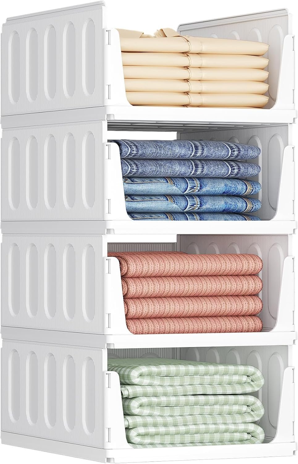 Lifewit Wardrobe Organizers with Pull-Out Drawers, Stackable Clothes Storage, Indoor Wardrobe Shelves, Plastic T-Shirts, Trousers, Space Saving Boxes, 24L, White, 4 Pieces