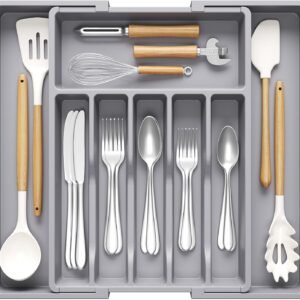 Lifewit portaposate cassetto da cucina, organizer espandibile per posate, portaposate salvaspazio, divisori in plastica per utensili, forchette, profondità 42 cm, larghezza 33-56 cm, Grigio