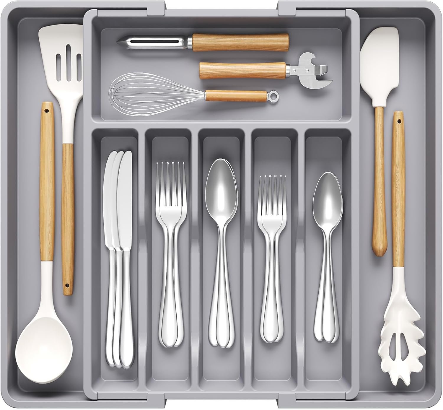 Lifewit portaposate cassetto da cucina, organizer espandibile per posate, portaposate salvaspazio, divisori in plastica per utensili, forchette, profondità 42 cm, larghezza 33-56 cm, Grigio