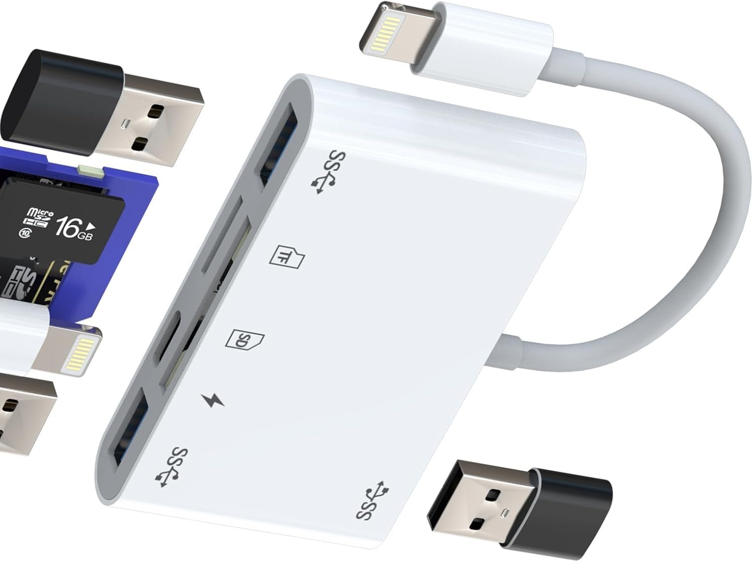 Lightning Adapter for Apple iPhone 14 13 (6 in 1) USB OTG 3.0 Cable SD Card Reader for iPad Micro SD Card Reader MacBook Camera TF Camera External Photo Storage Phone Port Transfer - Image 2
