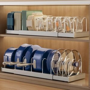 Magheo 2 Pezzi Porta Coperchi per Pentole Salvaspazio Organizzatore per Pentole e Padelle Espandibile con 9 Divisori Regolabili, Organizer da Cucina da 32-57 cm, Portaoggetti per Coperchi per Pentole da Cucina (Grigio)